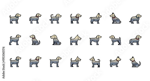 Dog puppy and canine icons for pet adoption animal shelter illustration with cute dogs playfully running in a park setting Graphics vector and design with minimalist dog breed outlines showcasing