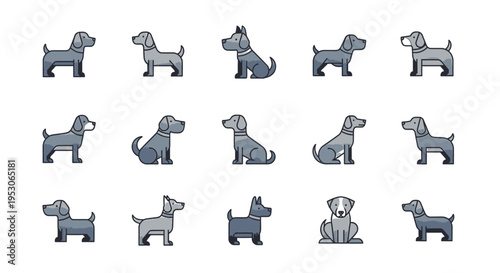 Dog puppy and canine icons in various poses for pet adoption animal shelter awareness with cute dogs sitting standing and playing happily Illustration vector graphics and cartoon animals with a