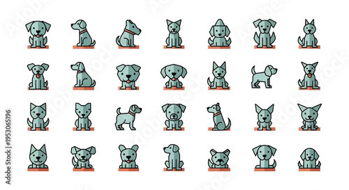 Dog puppy and canine icons in various poses for pet adoption animal shelter promotion with cute dogs playing sleeping and walking cheerfully Illustration vector graphics and cartoon animals with