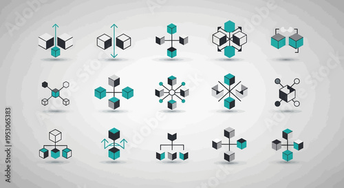 Network connection and technology icons representing data flow digital structure and interconnected systems for business solutions with abstract geometric shapes visualizing complex relationships in