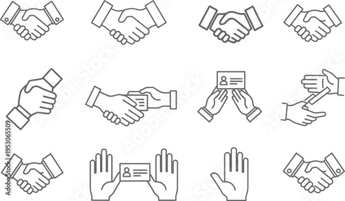 Set of Line Icons Representing Handshake and Business Card Exchange agreement deal