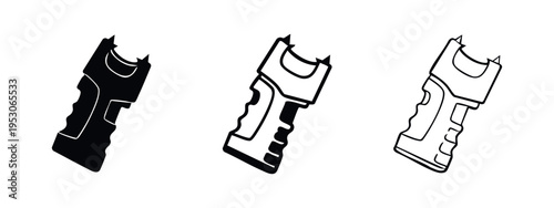 Angled Taser or Stun Gun Icon Set for Self-Defense and Security. Non-Lethal Weapon Symbols.