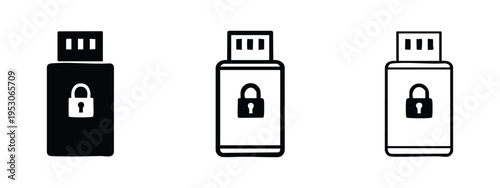 Encrypted USB flash drive with padlock icon set for secure data storage, presented in solid, outline, and detailed styles.