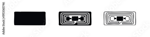 RFID tag and NFC chip icon set for contactless identification and payment technology, in solid, outline, and detailed designs.