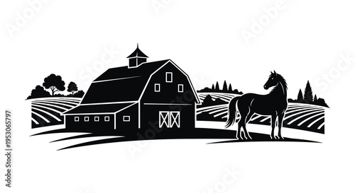 Silhouette of a horse standing in front of a rustic barn in a rural landscape