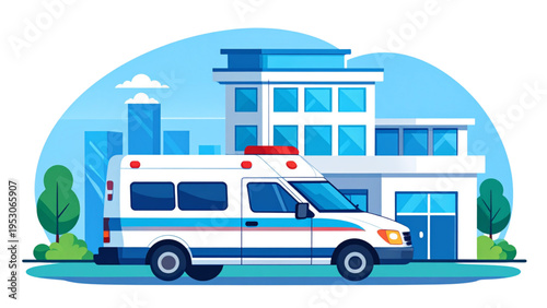 Vector illustration of modern hospital building with ambulance parked outside under clear sky surrounded by trees, healthcare, emergency, and medical services