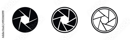 Photographic Aperture Icons. Camera Iris Diaphragm Symbols in Flat and Line Art Vector.