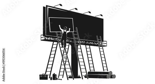 Silhouette of workers on a billboard with ladders and spotlights