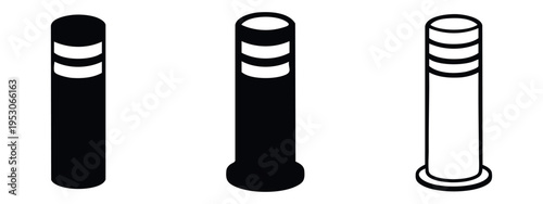 Traffic Bollard Icon Set. Road Safety Pylon Symbol in Solid, Outline, and Thin Outline Styles for Urban Infrastructure.