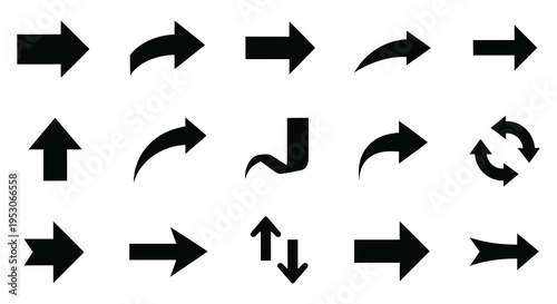 Collection of various black arrow silhouettes on a white background including silhouette