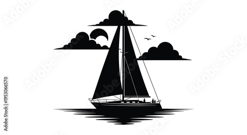 Silhouette of a sailboat on calm waters with clouds