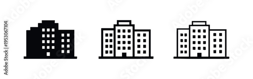 Modern City Apartment Building Icons Set in Solid, Outline, and Thin Line Styles