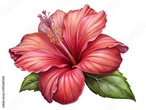 A beautiful hibiscus flower with detailed petals and green leaves isolated illustration
