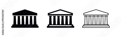 Classical Temple or Bank Building Icon Set - Solid, Outline, and Detailed Line Art Vector Illustrations