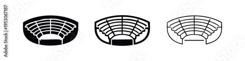 Amphitheater or Auditorium Icon Set - Solid, Outline, and Detailed Line Art Vector Illustrations