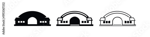 Convention Center or Event Hall Icon Set with Arched Roof - Solid, Outline, and Detailed Line Art Vector Illustrations