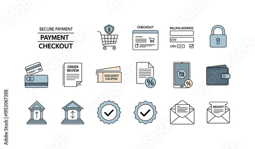 Credit card payment, secure checkout page, shopping cart summary, billing address form, CVV code entry, padlock security symbol,