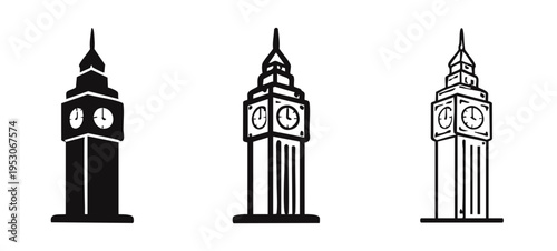 Big Ben Clock Tower Icons Set. London Landmark Symbol in Different Styles.