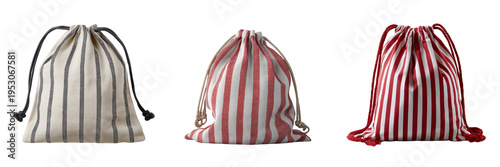 Set of Elegant stripe ticking drawstring laundry bag premium fabric texture neatly standing on transparent png background. Ai generated