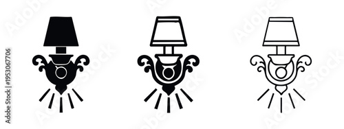 Wall Lamp Icon Set. Vintage Sconce Lighting Symbol Vector Illustration in Solid, Outline, and Detailed Outline Styles.