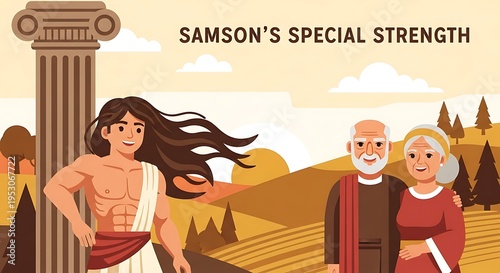 Illustration depicts Samson, pillar, older couple, sunlit hills, and text