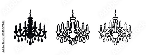 Ornate Chandelier Icon Set. Classic Luxury Lighting Symbol Vector Illustration in Solid, Outline, and Detailed Outline Styles.