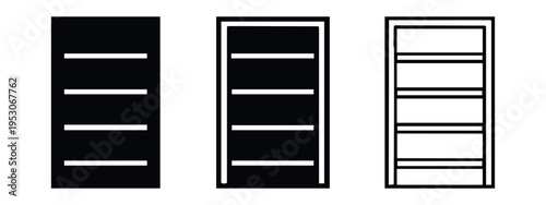 Shelving Unit Icon Set. Modern Cabinet with Four Shelves Vector Illustration in Solid, Outline, and Detailed Outline Styles.