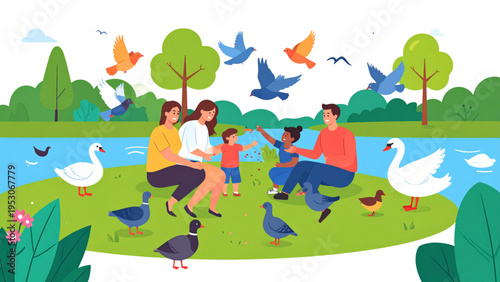 Vector illustration of cheerful family with children feeding birds in park near pond with trees, grass, cityscape, and clear sky