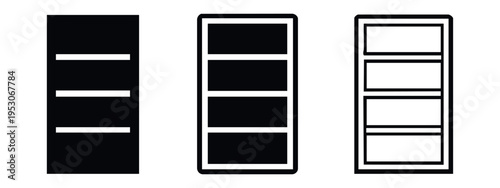 Chest of Drawers Icon Set. Four Drawer Dresser Vector Illustration in Solid, Outline, and Detailed Outline Styles.