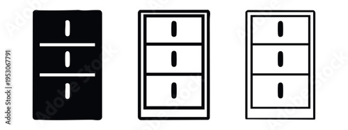 Filing Cabinet Icon Set. Three Drawer Chest Vector Illustration in Solid, Outline, and Detailed Outline Styles.