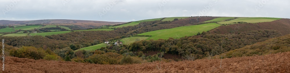 Fototapeta premium Panoramic photo of the autumn colours of Porlock Common in Exmoor national Park