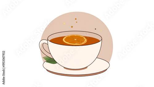 Vector illustration of a hot cup of tea with orange slice and green leaves on a saucer for wellness and relaxation concept isolated on white background.