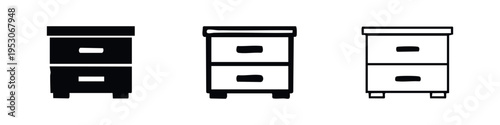 Nightstand Cabinet Icon Set. Bedside Table with Drawers for Bedroom Furniture