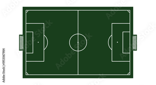 Silhouette of a green soccer field with white markings and goals