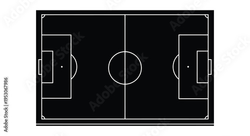 Silhouette of a soccer field with white markings on a black background