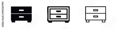 Minimalist Bedside Table Icon Set. Modern Nightstand with Drawers Furniture Symbol Vector Collection