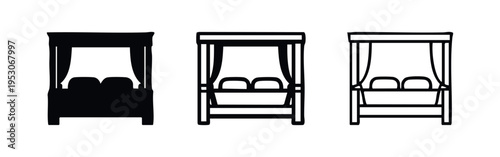 Four-Poster Bed with Drapes Icon Set. Romantic Canopy Bed Symbols for Luxury Decor