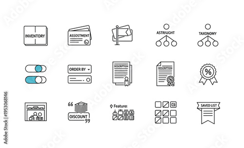 Inventory booklet outline, assortment preview cards, spotlight marker flag, taxonomy structure diagram, attribute toggle switches,