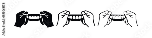 Hands Holding Dental Floss Between Teeth Icon Set for Oral Hygiene