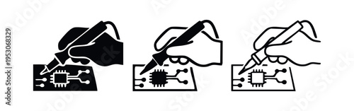 Hand soldering a microchip on a circuit board icon set, depicting electronics assembly and repair.