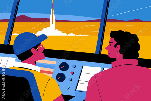 Advanced cruise missile test launch in desert landscape with two operators observing from control room, colorful illustration depicting technology and military operations