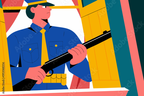 Vector illustration of a police officer silhouette holding a shotgun, positioned at a window with colorful curtains and a vibrant background