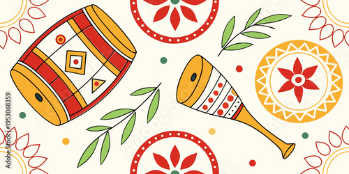 Spring seamless pattern featuring traditional musical instruments and floral motifs, celebrating Bohag Bihu with vibrant colors and intricate designs