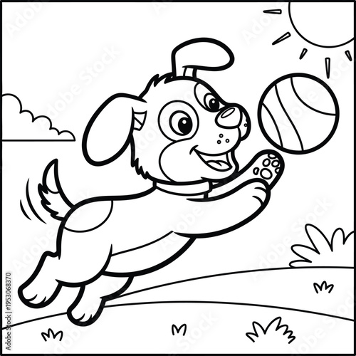 A playful dog jumping to catch a ball isolated on transparent background