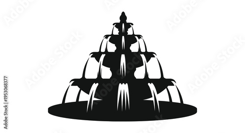 Silhouette of a multi tiered fountain with water jets and a central spire silhouette