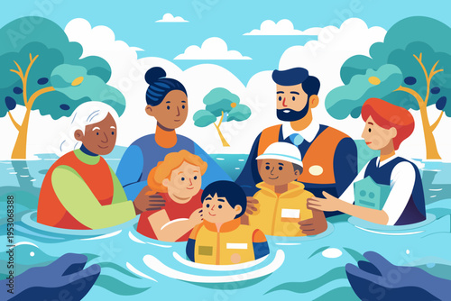 Diverse group of rescue workers assisting children in floodwaters, showcasing community support and protection during a natural disaster response effort. Concept of community support and protection