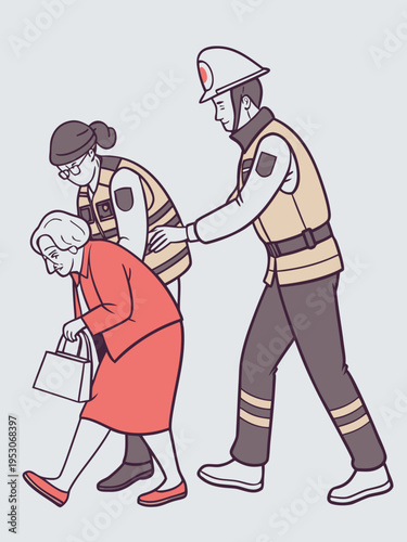 Emergency responders assisting elderly woman in red dress with handbag during structured rescue operation, showcasing teamwork and care in a safe environment