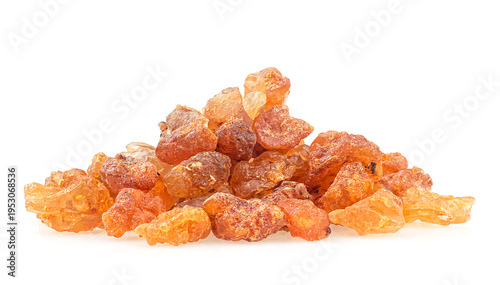 Pile of frankincense resin isolated on a white background. Olibanum aromatic resin for incense and perfume cosmetic. Incense.
