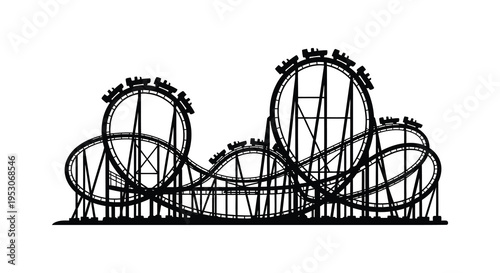 Silhouette of a large roller coaster with multiple loops and hills in a theme park