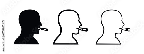 Person with Thermometer Icon Set. Health Check, Temperature Measurement, Sickness Symptom.